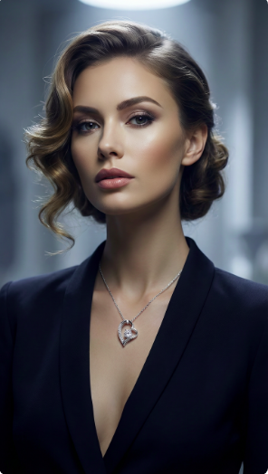 Woman wearing a Forever Love heart pendant necklace with an elegant dark blazer