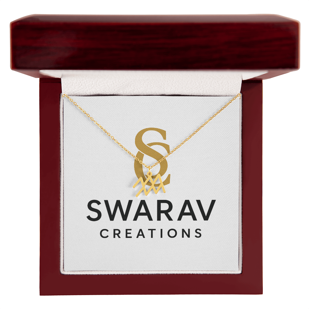 Personalized Aquarius zodiac 18k yellow gold necklace displayed in an open luxury gift box
