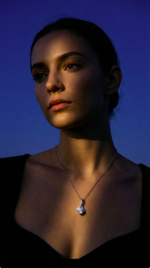 Woman wearing the Alluring Beauty pendant necklace against a dark blue background