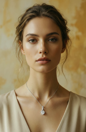 Woman wearing the Alluring Beauty pendant necklace against a warm neutral background