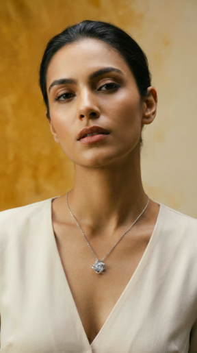 Woman wearing an Eternal Love pendant necklace against a warm neutral background