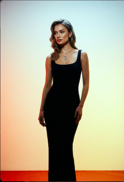 Woman wearing a black dress against a gradient background wearing Forever love necklace and earring sold by Swarav Creations