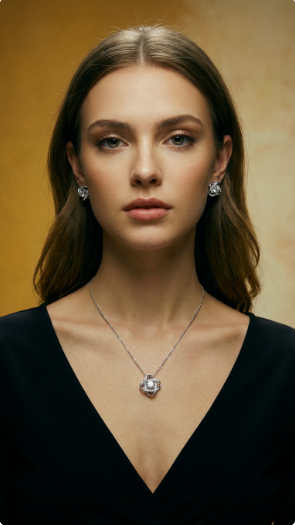 Woman wearing a Love Knot necklace and matching earring set against a neutral background