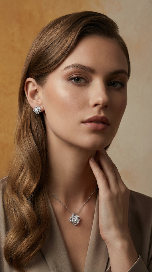 Woman wearing a diamond earring and necklace against a beige background