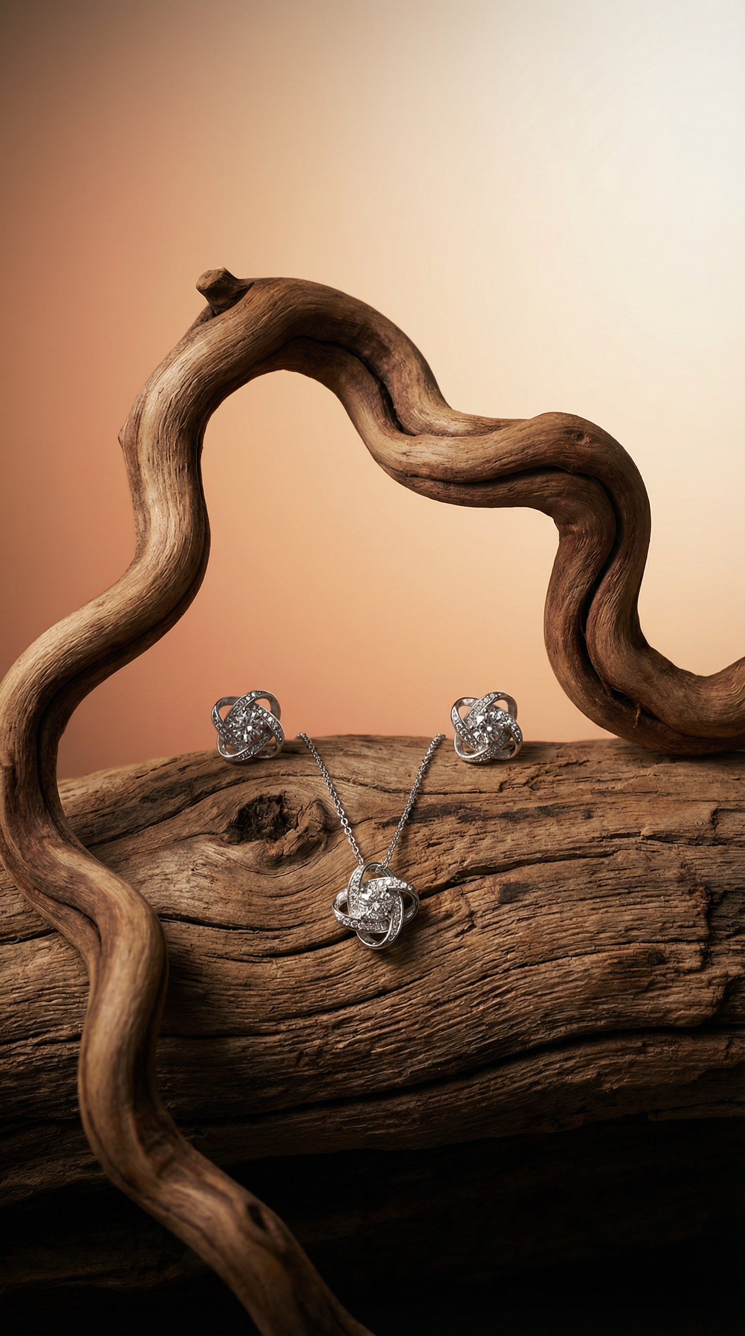 Jewelry set with earrings and necklace on a wooden surface