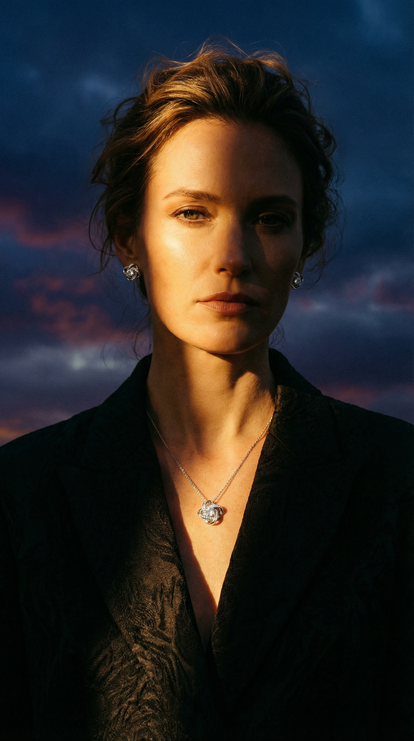 Woman with a dark coat against a dramatic sky wearing Love Knot Necklace and Earring Set by Swarav Creations