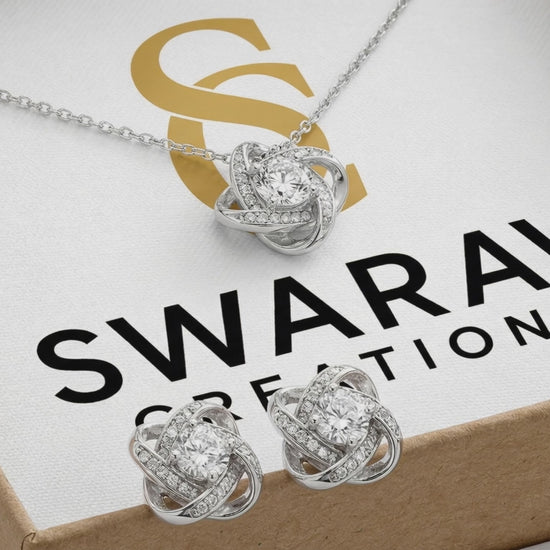 Love Knot Necklace & Earring Set – 14K White Gold packed in Standard Box  with Swarav Creations label printed in background