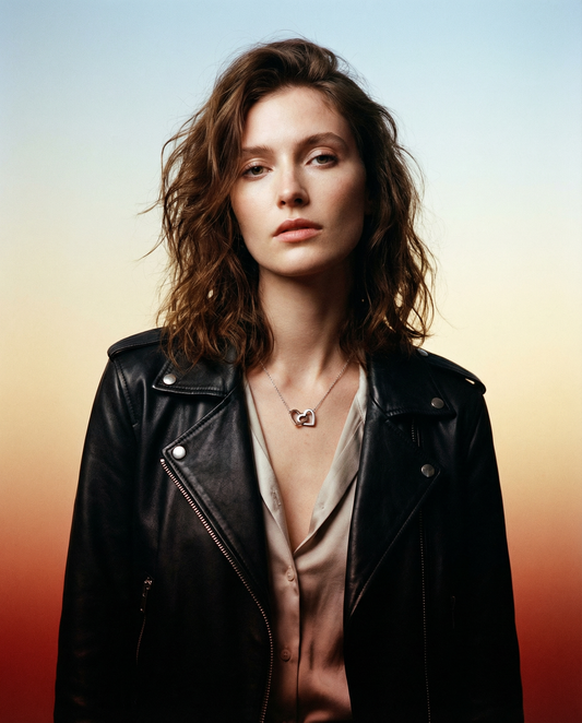 Woman wearing a black leather jacket with a gradient background and wearing heart necklace from Swarav Creations